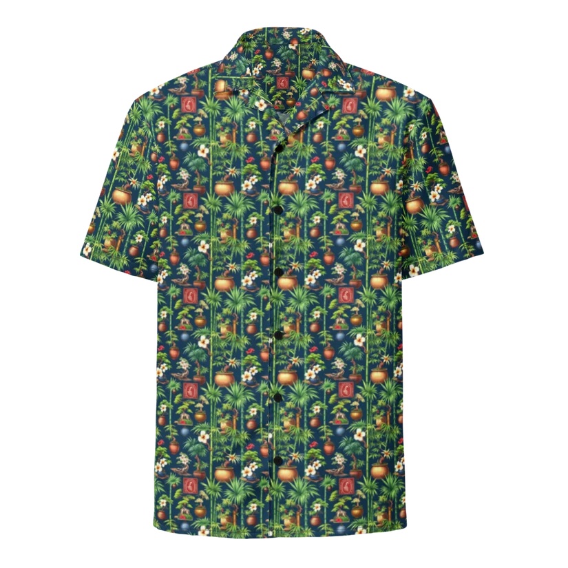 PSBS Peter Chan Edition Hawaiian shirt with bonsai, bamboo, and PSBS logo pattern